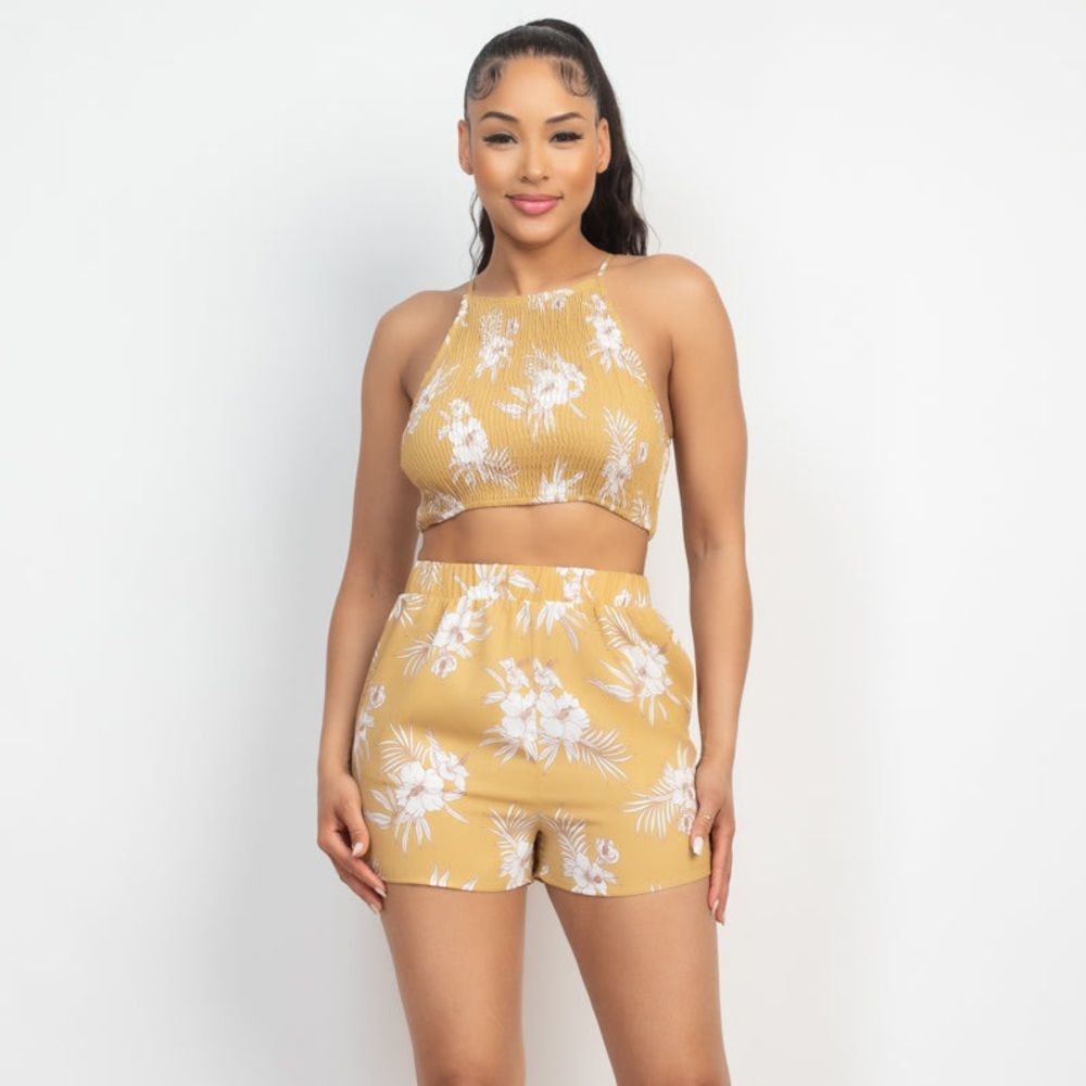 Floral Smocked Halter Crop Top and Shorts Set